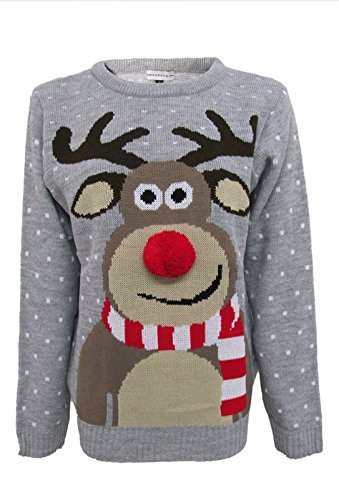 Hina Fashion Frauen Unisex Rudolph Print 3D-Pom Pom Nase Weihnachtspullover Sweater (Medium,38, Grau) -